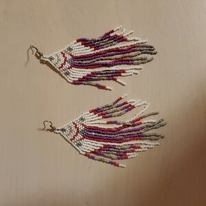 Beaded Fringe Earrings with Red, Purple, White, Silver, and Gold Beads